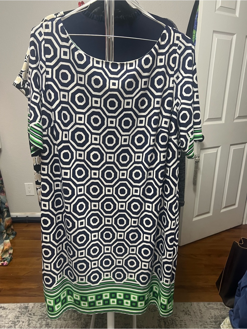 Eliza J Navy and White Geometric Short Sleeve Tunic with Green Border